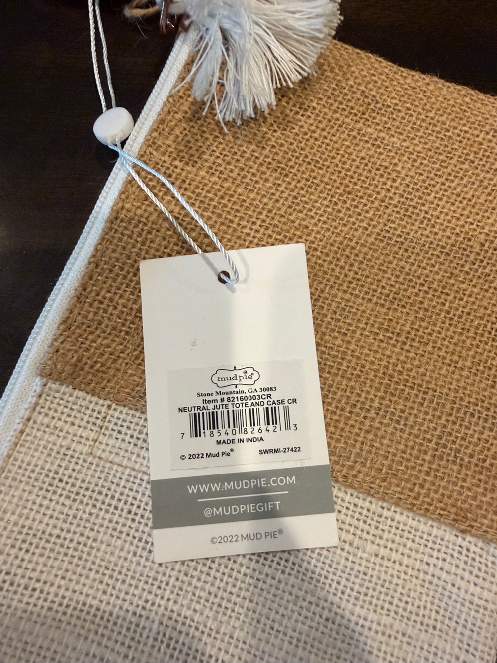 Mud Pie Cream Canvas Tote with Bamboo Ring Handles - Picture 7 of 7